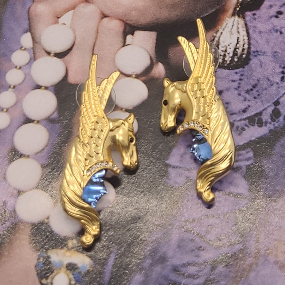 Vintage Kirks Folly Luxury Crystal Winged Pegasus Warrior Face Gold Earrings - Picture 15 of 15